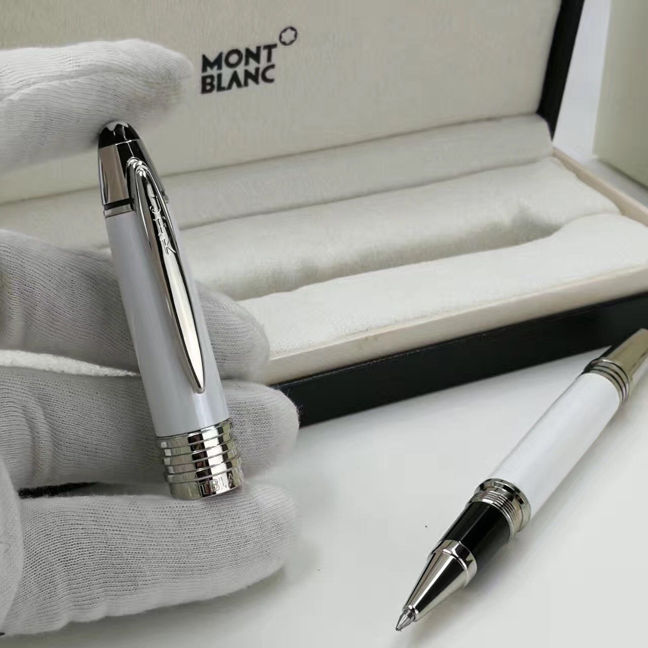 Copy JFK Montblanc Rollerball Pen White Resin Silver Trim